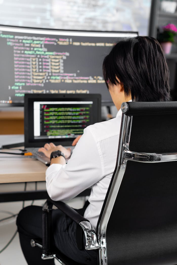 services-img Professional software developer writing code at a desk in a modern office environment.